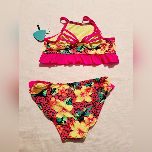 Breaking Waves girls size 12 bright floral print with pink ruffle bikini, NWT - Picture 2 of 7